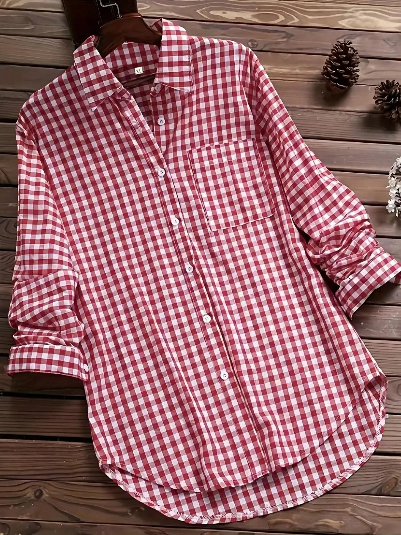 2025 New Gingham Turn-Down Collar Long Sleeve Shirt