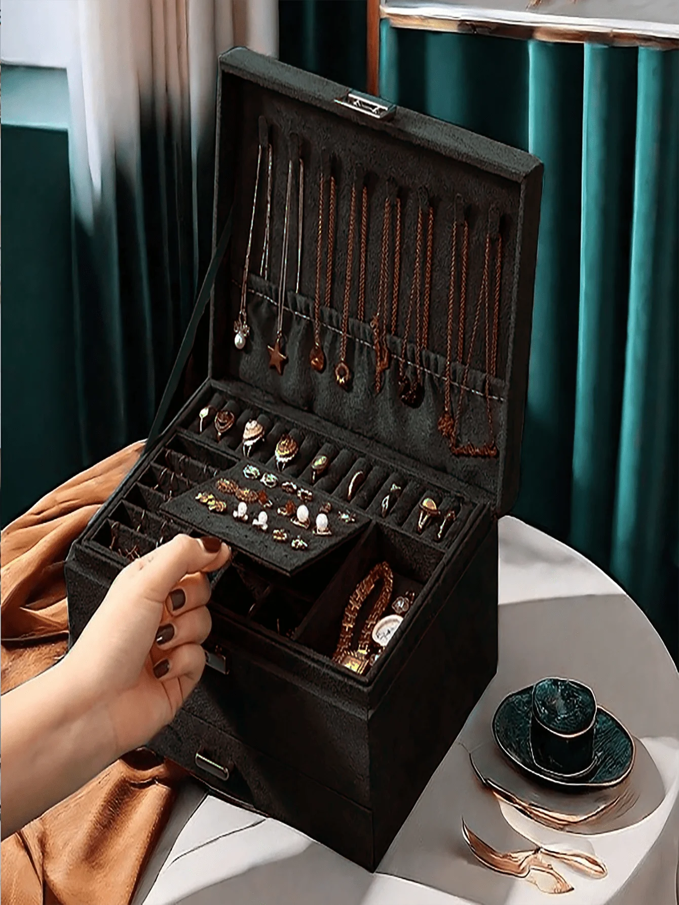 Luxury Dark Green Multi-Layer Jewelry Box