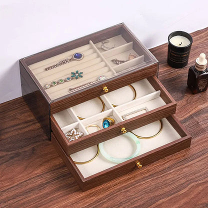 New walnut pattern three-layer drawer jewelry storage box