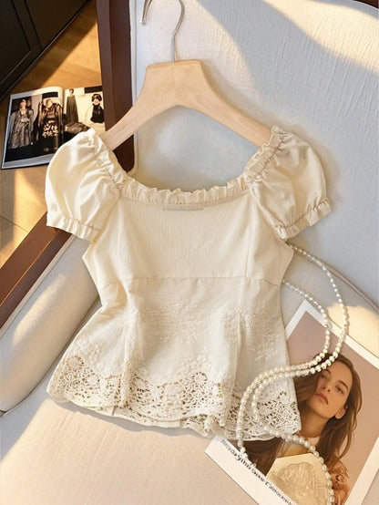 Women's Off-Shoulder Ruffled Lace Trim Cropped Blouse with Pearl Buttons