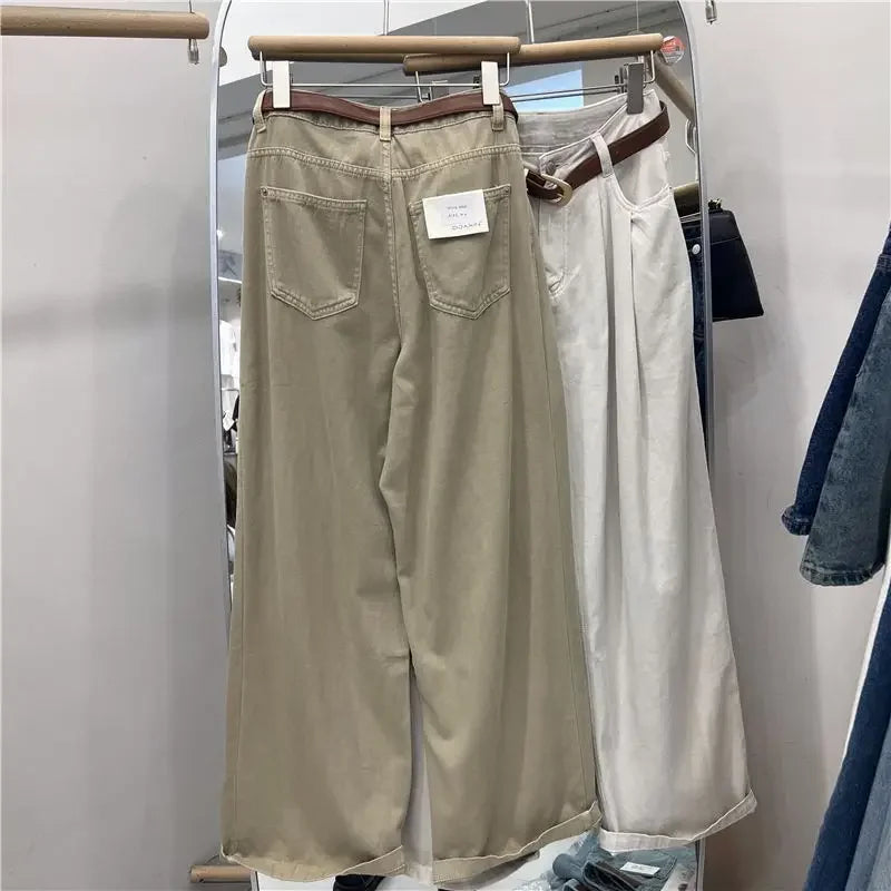 Khaki Color Women's High Waist Straight Leg Jeans Pear Shape Body Slimming Harlan Wide Leg Pant