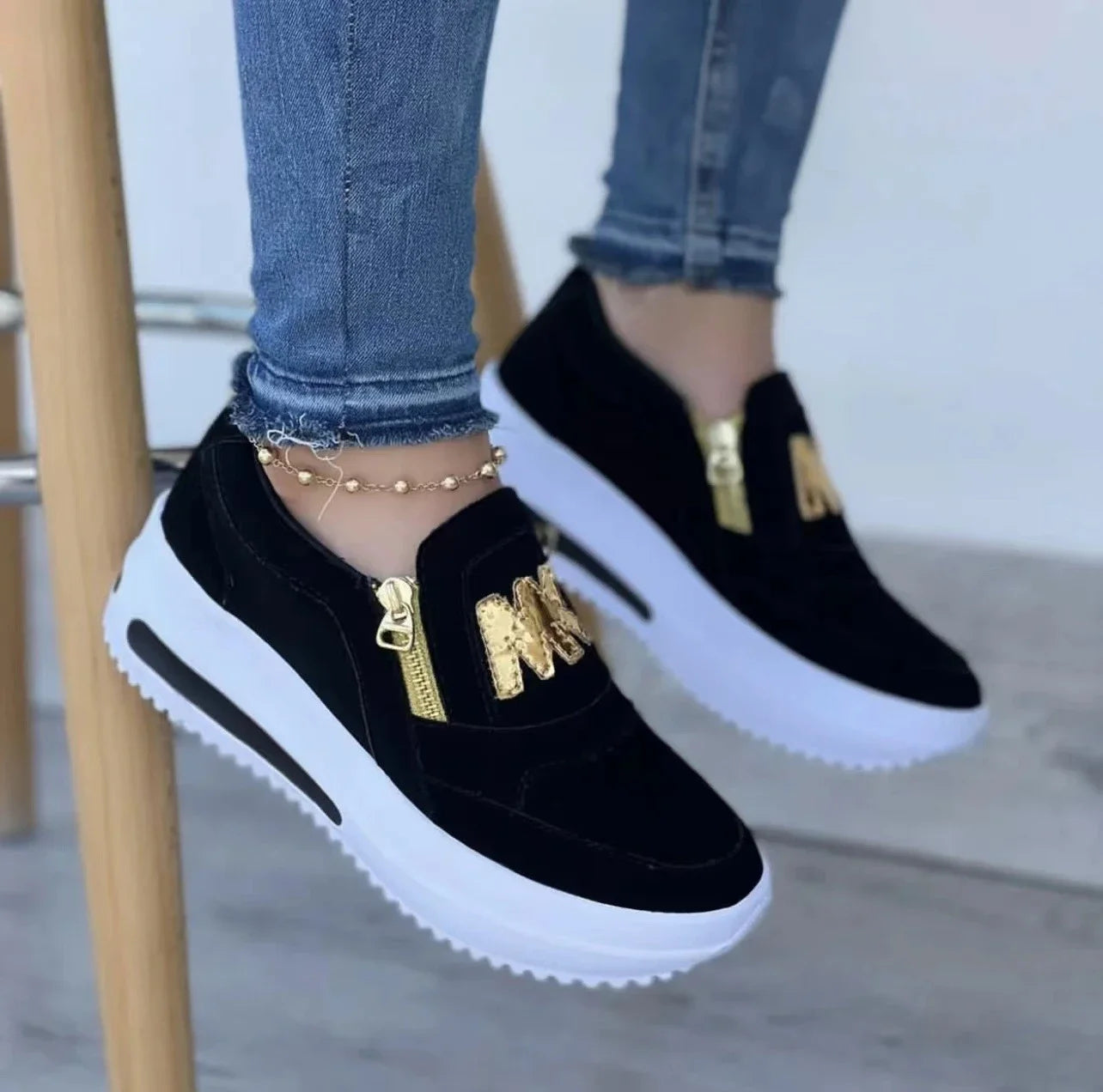 Women Autumn Sneakers Casual Double M Printed Side Zipper Platform Shoes
