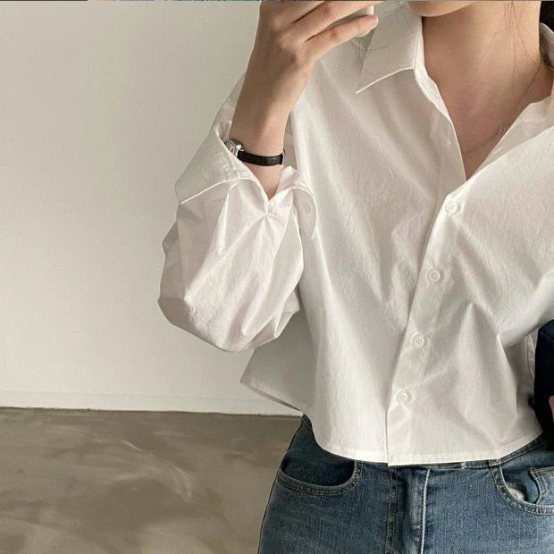 Spring New Casual Long Sleeve Women White Shirt Solid Button Split Woman Crop Tops