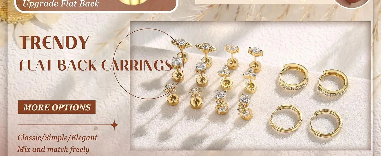 8 Pairs 20G Hypoallergenic Flat Back Stud,and Hoop Earrings