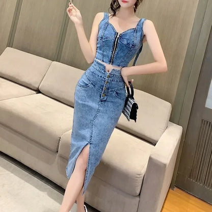 denim 2 piece outfits summer top and skirt