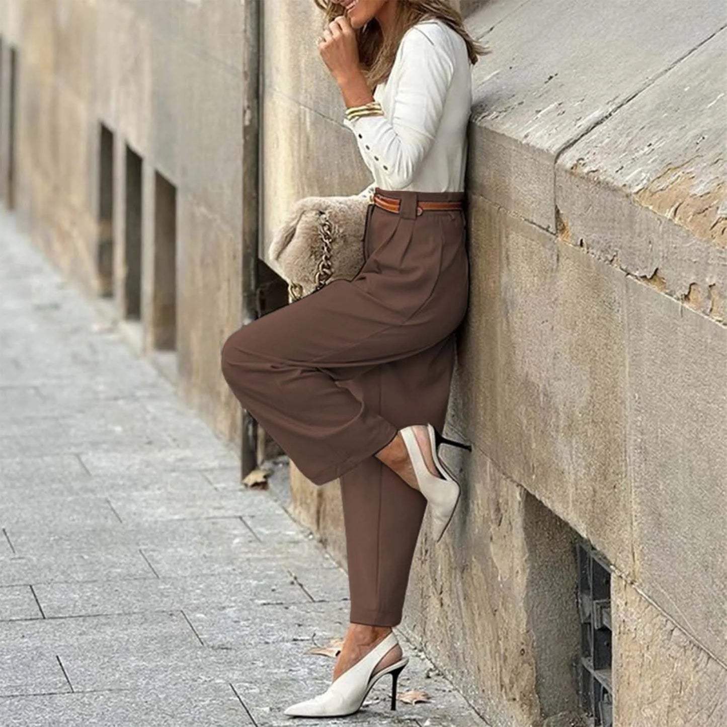 Elegant Women's Solid Color High Waist Ankle Length Straight Leg Dress Pants