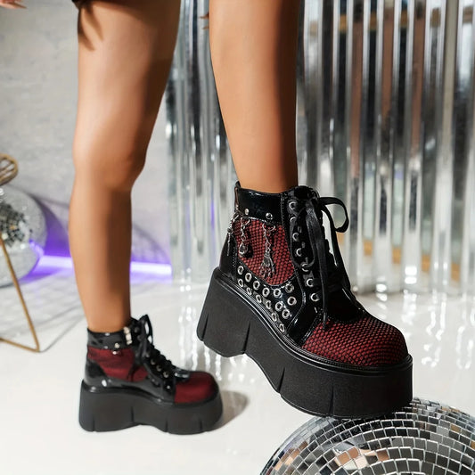 Women's Y2K Punk Goth Platform Ankle Boots, chains around heal, Hole Wedge High Heels