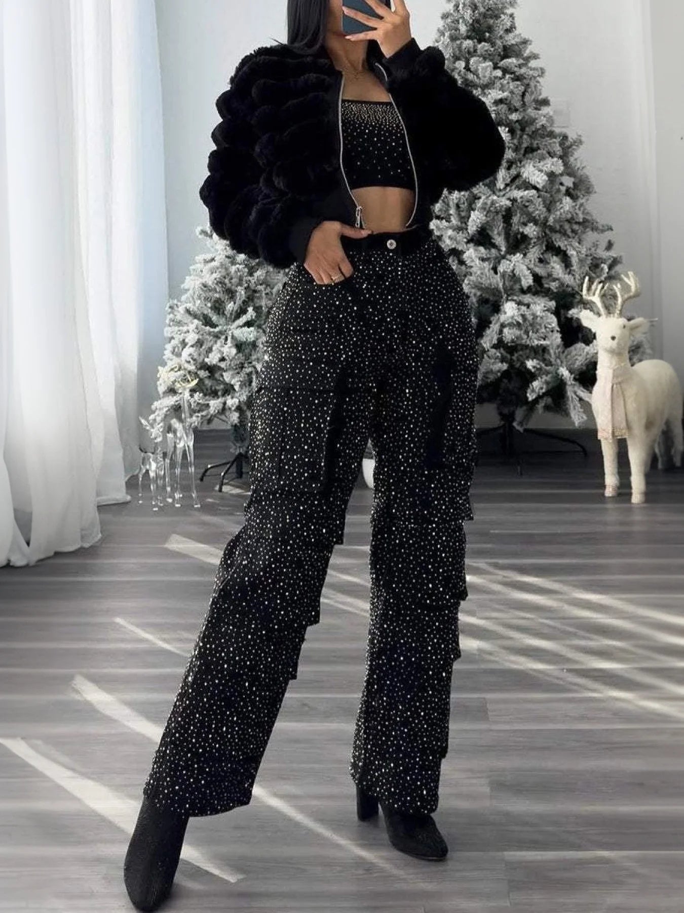 High Waist Black Rhinestone Multi-Pocket Jeans,
