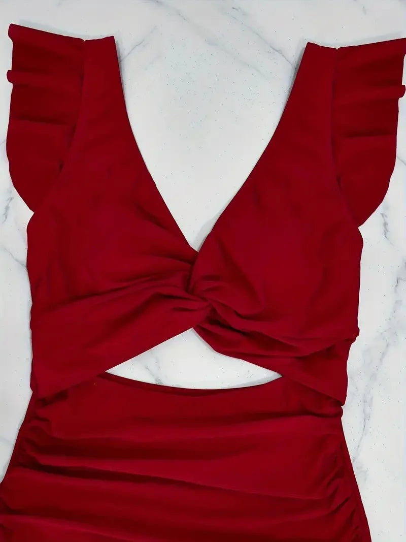 Contrast Mesh One Piece Swimsuit, V Neck Solid Color Backless Tummy Control High Cut Bathing Suit,
