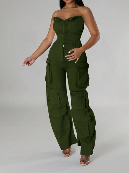 Olive Green Cargo Jumpsuit for Women, High Waist Wide Leg Denim with Multiple Pockets