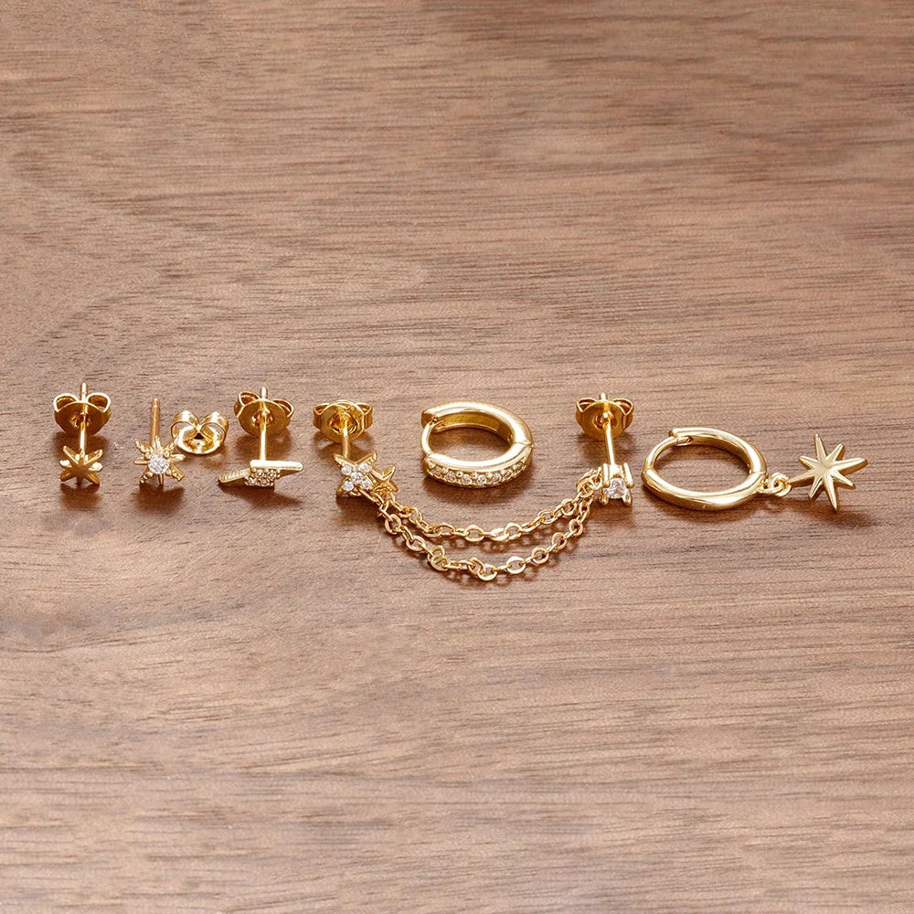 6PCS Fashion Cute Zircon Flower Ear Stud 18K Gold Plated Star Ear Stud Earrings