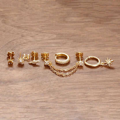 6PCS Fashion Cute Zircon Flower Ear Stud 18K Gold Plated Star Ear Stud Earrings