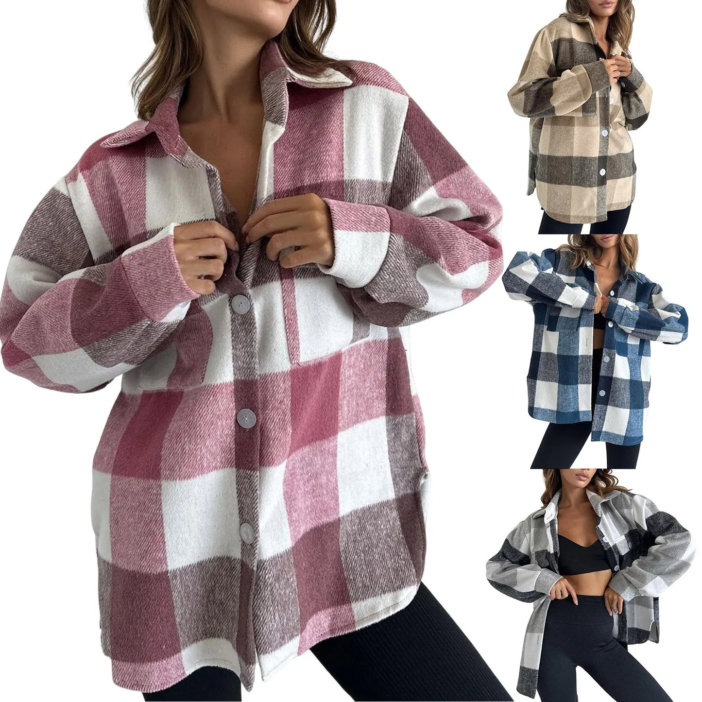 Fall Winter Classic Plaid Shirt for Women Plus Size Flannel Button Down Lapel Shirt