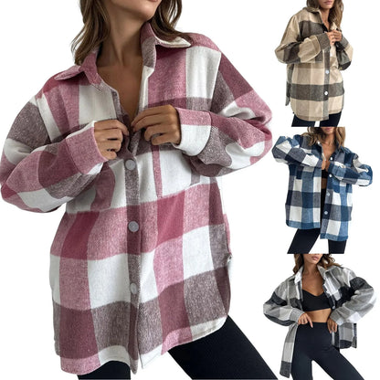 Fall Winter Classic Plaid Shirt for Women Plus Size Flannel Button Down Lapel Shirt