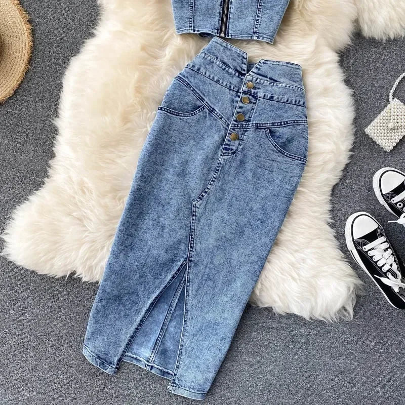 denim 2 piece outfits summer top and skirt
