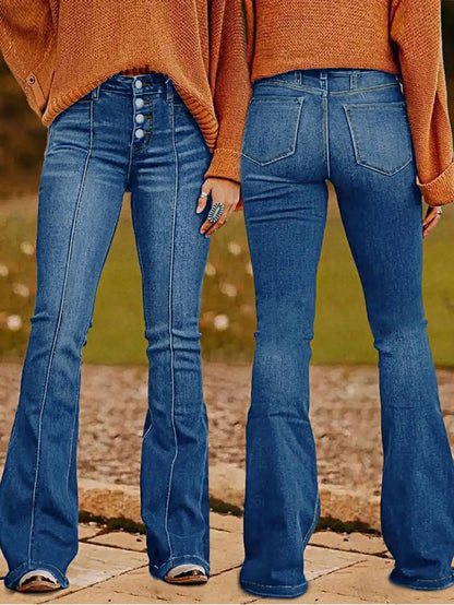 New Vintage High Waist Button Flare Jeans Slim Fit