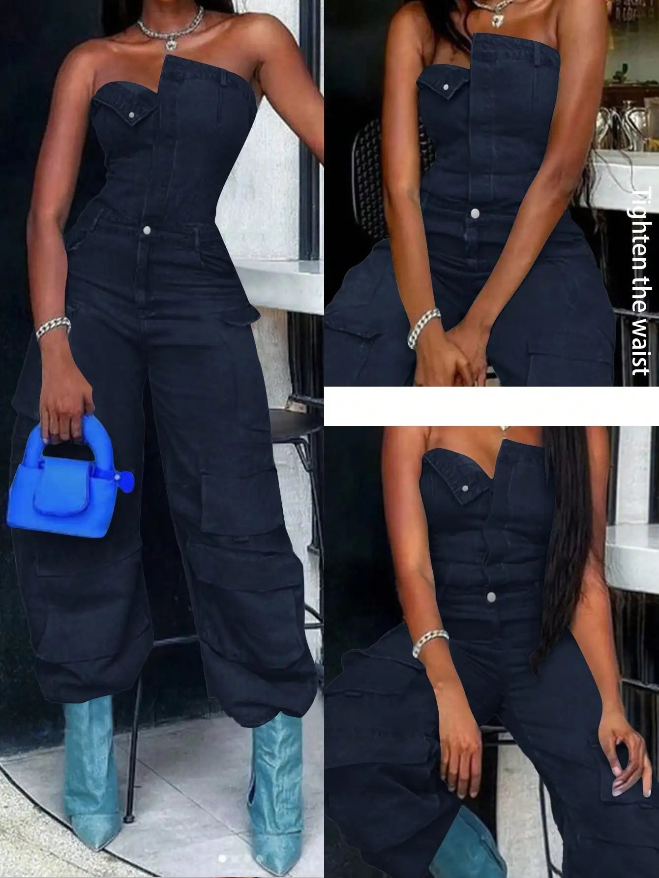 Olive Green Cargo Jumpsuit for Women, High Waist Wide Leg Denim with Multiple Pockets