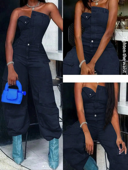 Olive Green Cargo Jumpsuit for Women, High Waist Wide Leg Denim with Multiple Pockets