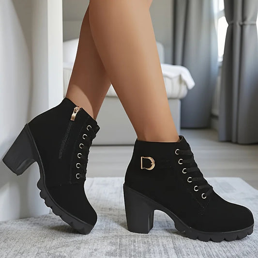 Women's Winter Warm Ankle Boots: Thick Sole & High Heel - Black PU Leather, Side Zipper with Lace-Up Detail,