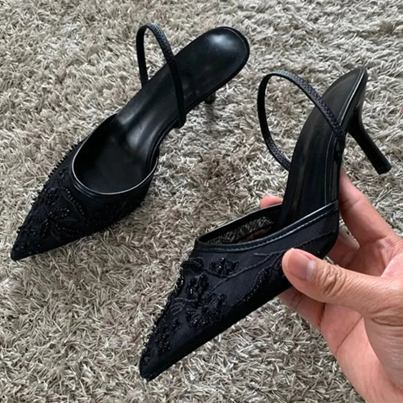 Brown String Bead Mesh Embroider Slingback High Heels Sexy Pointed Toe