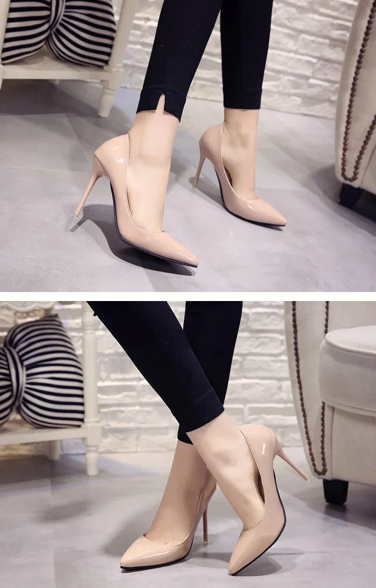Nude Pumps Patent Leather Sexy Pointed Toe Thin Heel