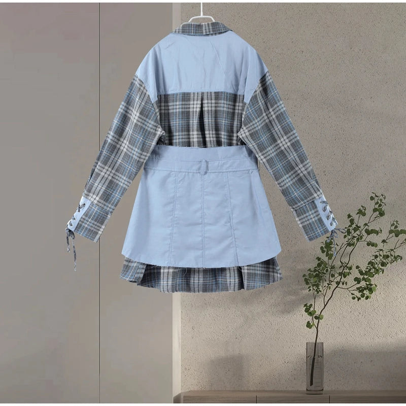 Lapel Color Blocked Shirt Waist Cinching Irregular Hem Short Skirt Set Woman Loose Long Plaid Shirt Patchwork Women Denim Suits
