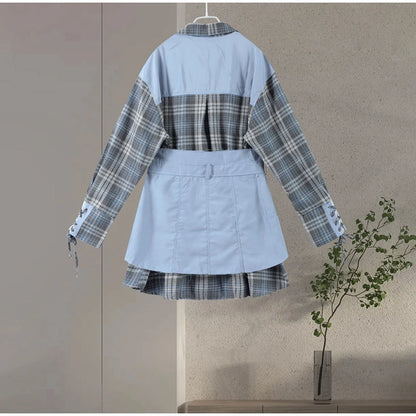 Lapel Color Blocked Shirt Waist Cinching Irregular Hem Short Skirt Set Woman Loose Long Plaid Shirt Patchwork Women Denim Suits