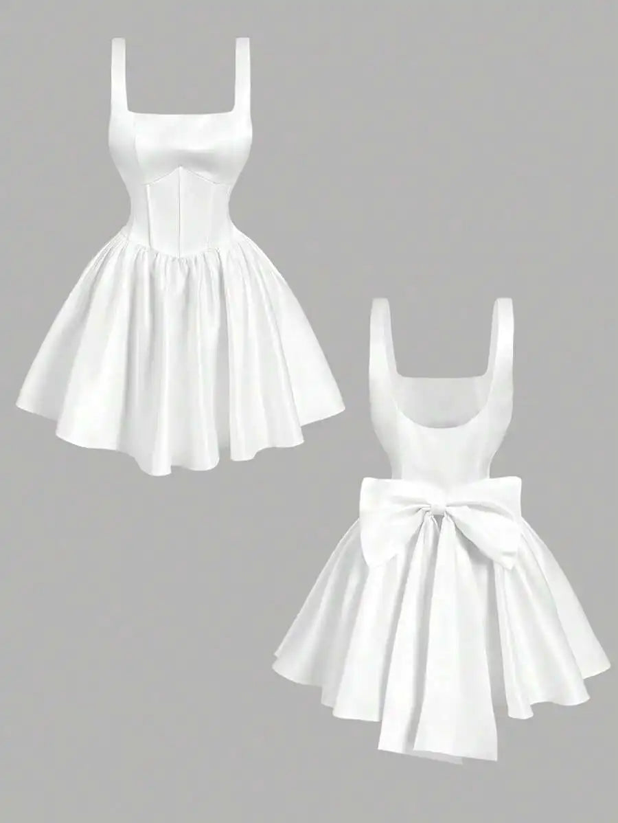 White Corset Mini Dress with Bow Detail,