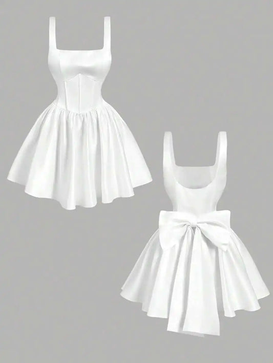 White Corset Mini Dress with Bow Detail,