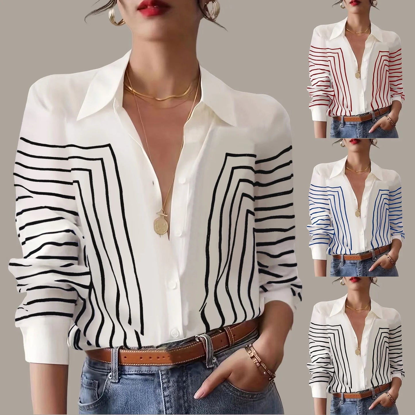 Women Casual Lapel Cotton Linen Shirt Long Sleeve Button Up Top