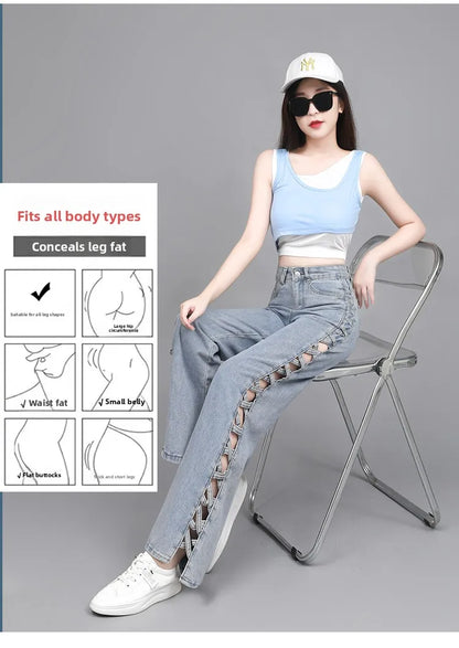 Hollow Wide Leg Jeans Casual Design Slimming High Waist