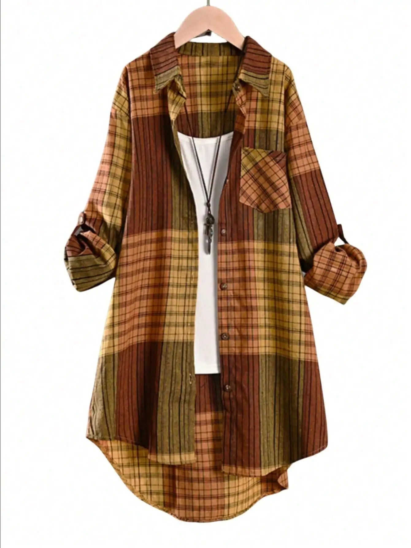 Plus Size Casual Retro Midi Women's Striped Plaid Loose Long Sleeve