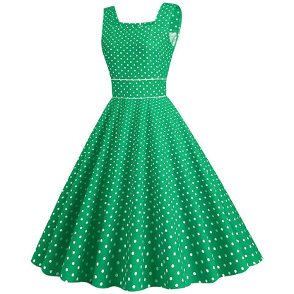 Women Vintage 1950s Retro Dress Sleeveless Dot Print Square Neck Waist In A-Line