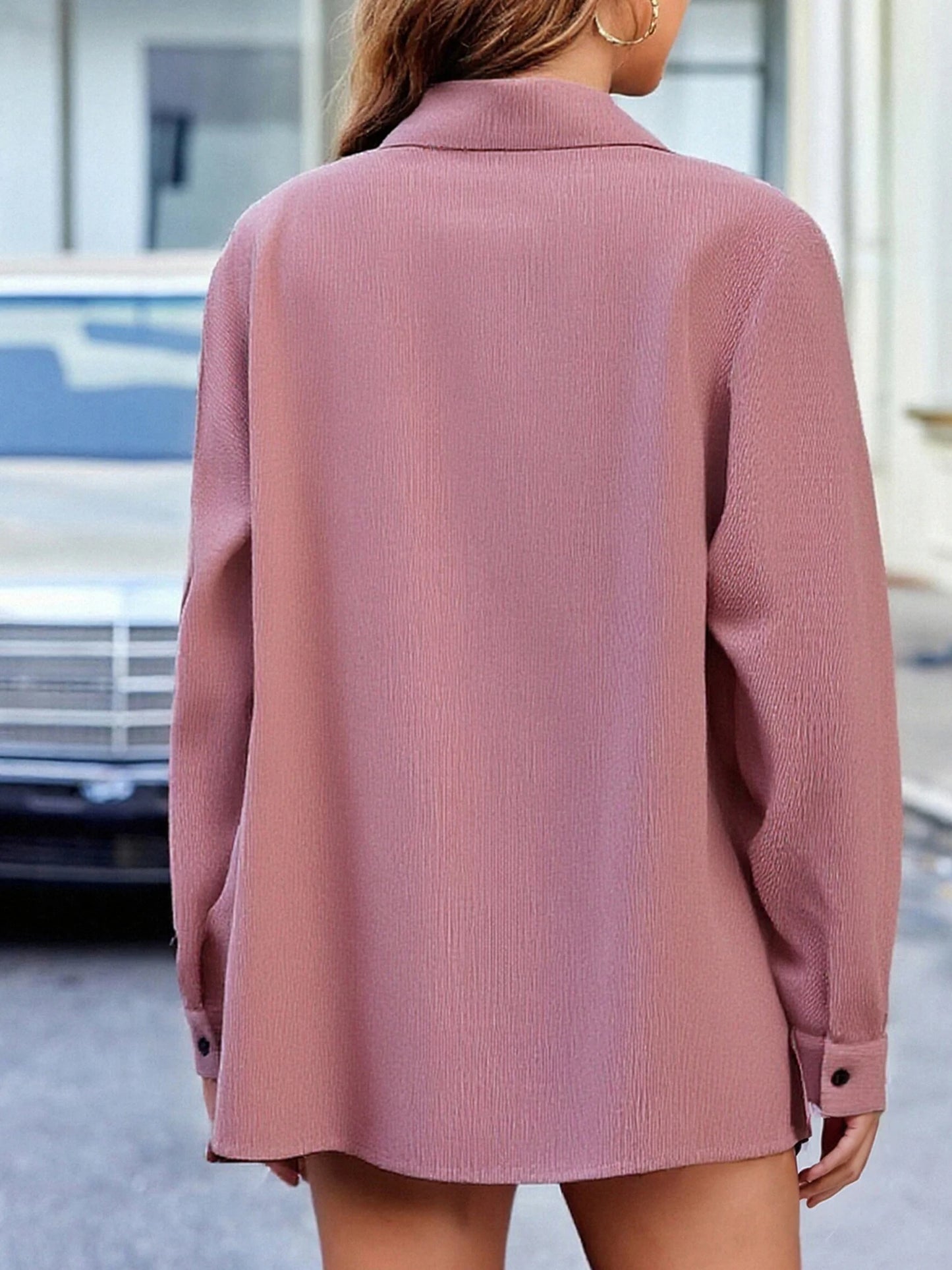 Women s Plus Size Long Sleeve Lapel Neck Button Down Solid Color Blouse