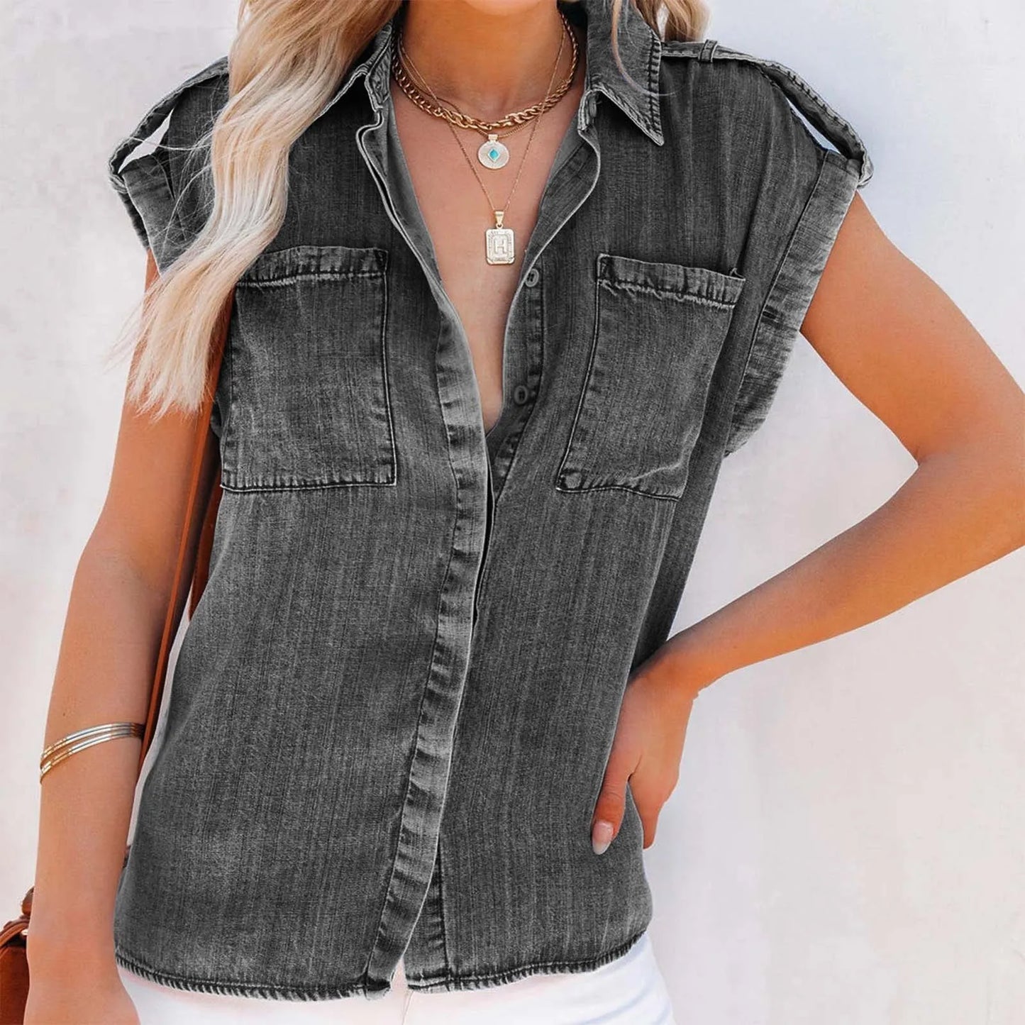 Youthful Woman Blouses Summer Slimming Short Sleeve Denim Shirt