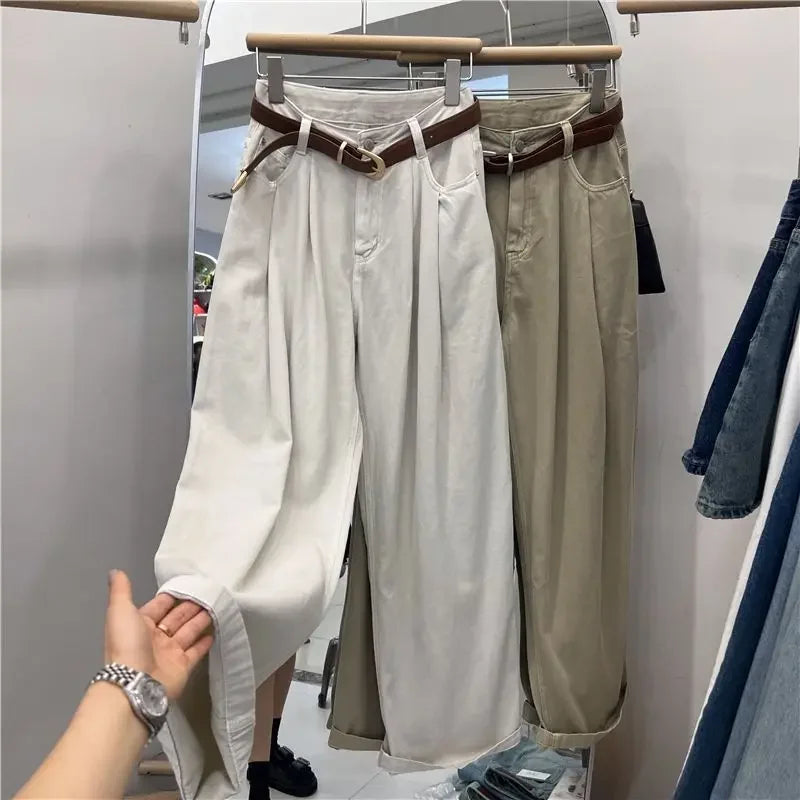 Khaki Color Women's High Waist Straight Leg Jeans Pear Shape Body Slimming Harlan Wide Leg Pant