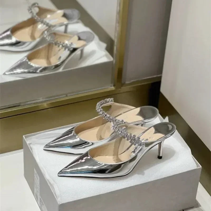 2025 New Fashionable Fine Heeled Muller Shoes with Pointed Water Diamond Chain Banquet
