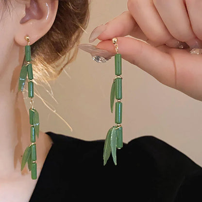 Vintage Ethnic Style Imitation Jade Bamboo Crystal Stud Earrings