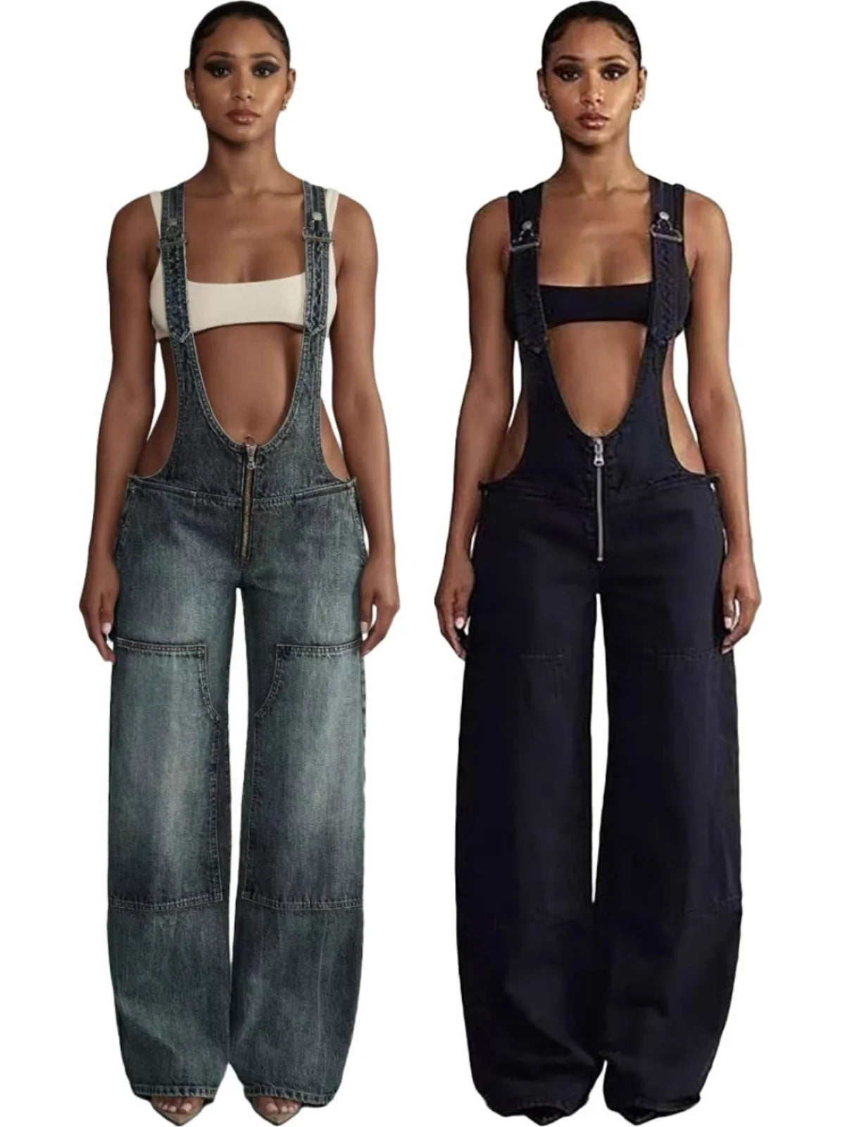 Low Waist shoulder Strap Wide Leg Jeans Low Rise Cargo Trousers with Straps