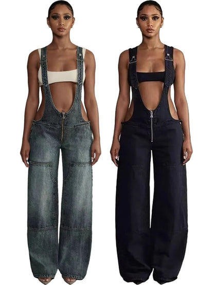 Low Waist shoulder Strap Wide Leg Jeans Low Rise Cargo Trousers with Straps
