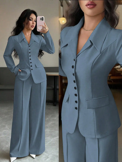Cream Solid Color Tailored Blazer & Wide Leg Pants 2-Piece Set, V-Neck, Contrast Buttons,
