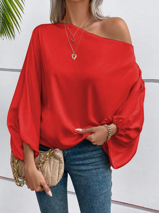 Red Asymmetric One Shoulder Blouse with Lantern Sleeve
