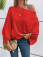 Red Asymmetric One Shoulder Blouse with Lantern Sleeve