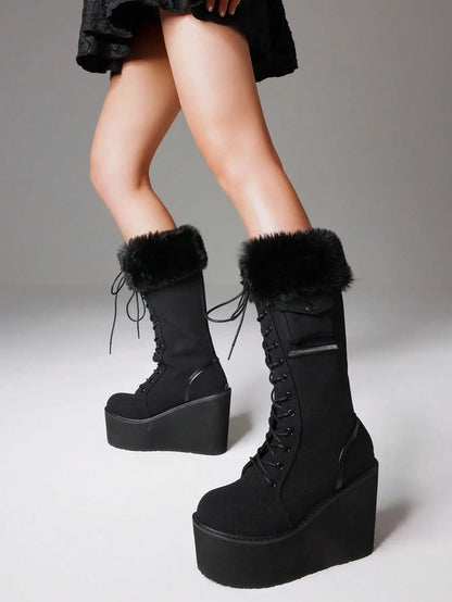 Punk Gothic Women Combat Boots Chunky Wedges Heel Fur Mid Calf Platform