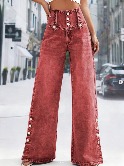 Ladies red-brown wide-leg Multiple buttons, slightly stretchy, mid-rise, denim jeans
