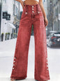 Ladies red-brown wide-leg Multiple buttons, slightly stretchy, mid-rise, denim jeans