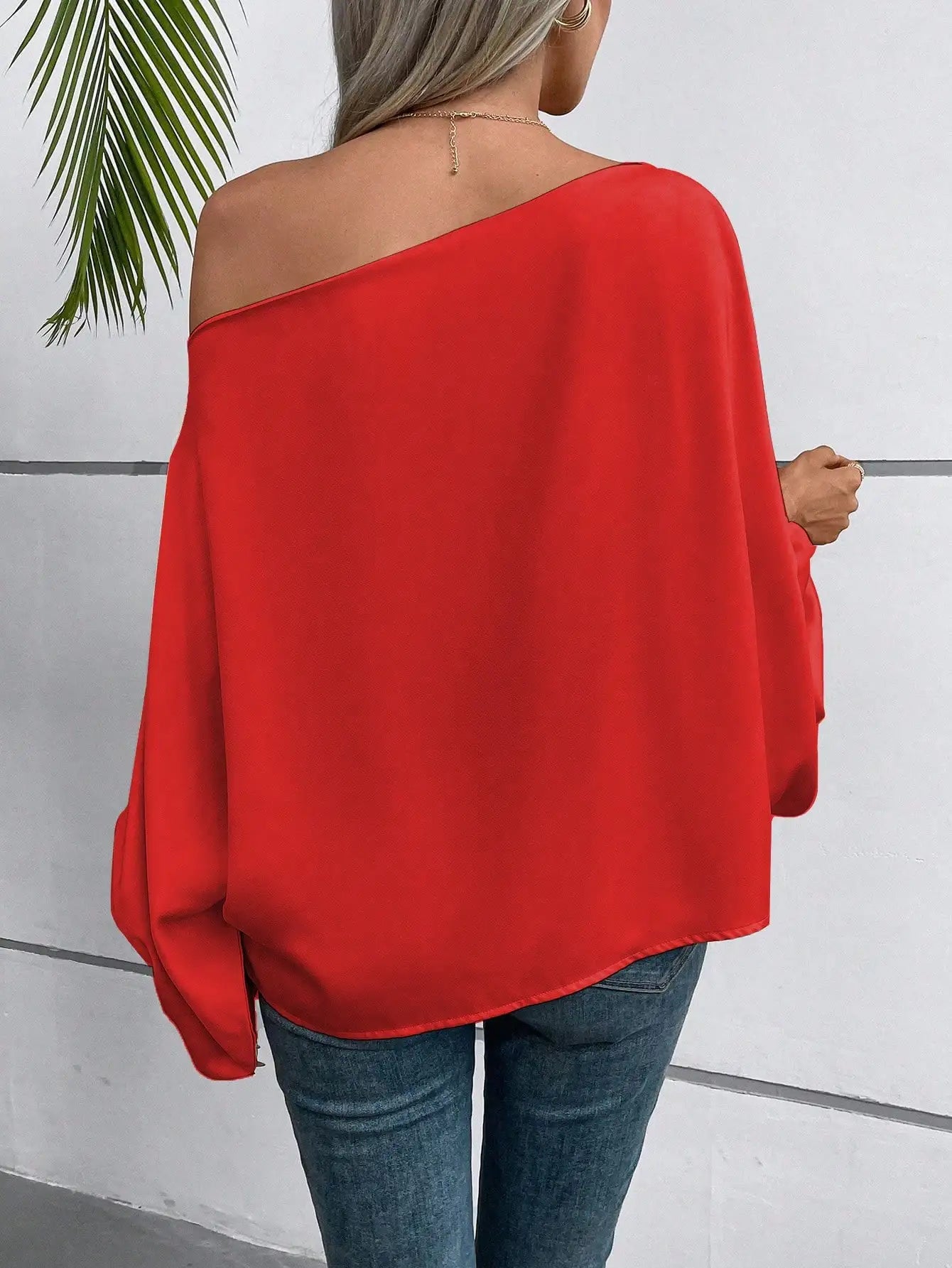 Red Asymmetric One Shoulder Blouse with Lantern Sleeve