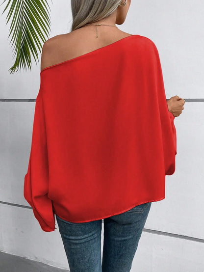 Red Asymmetric One Shoulder Blouse with Lantern Sleeve