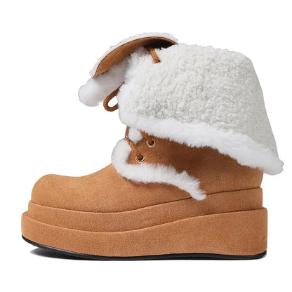 Winter Warm Faux Fur Mid Calf Snow Boots Platform Wedges High Heels Side Zipper Lace-up Boots for Women