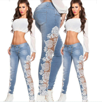 Hollow Out Floral Lace Pants Low Waist Slim Pencil Denim Jeans
